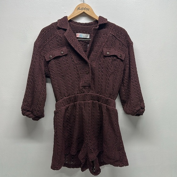 Free People Ryan Romper Shorts Crochet Open Woven Knit See Thru Plum Purple XS - Picture 3 of 8